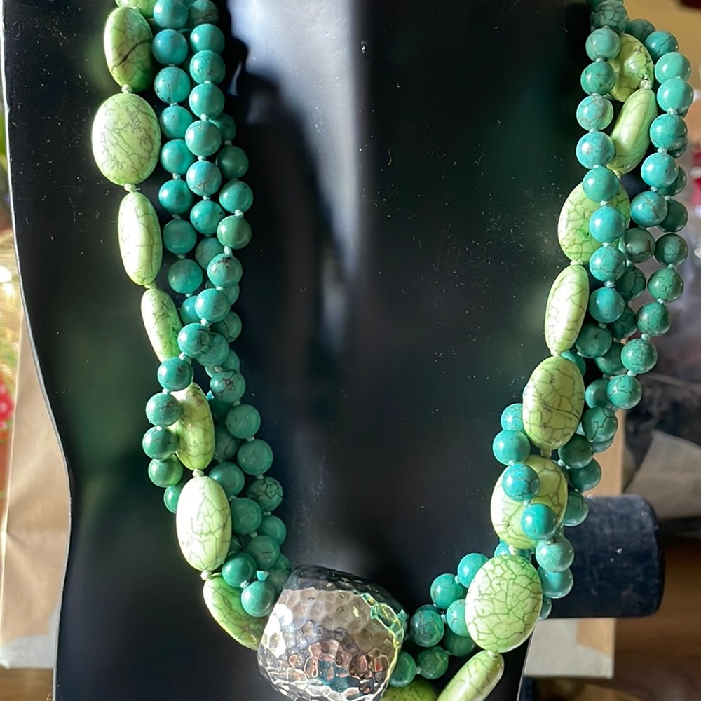 SIMON SEBAG STERLING AND 3 SHADES IF TURQUOISE STATEMENT NECKLACE